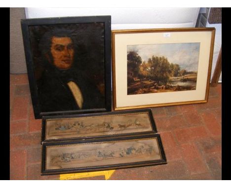Two coaching prints, a 19th century oil portrait and a Constable print 