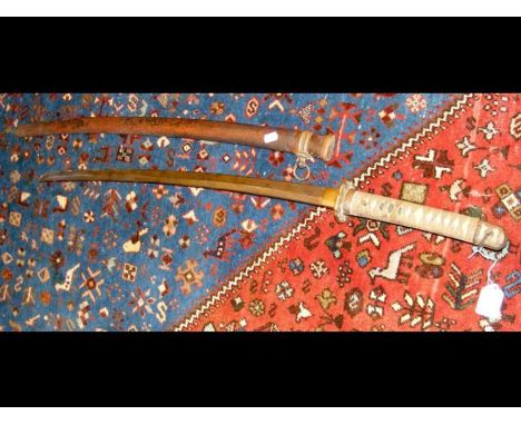 A Japanese Samurai sword with metal scabbard - signature to Tang - 98cm long overall CONDITION REPORTBlade damage as per imag