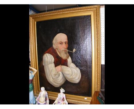 An oil on canvas portrait of man smoking pipe - in gilt frame - 90cm x 68cm 