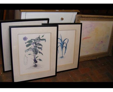 Three botanical prints, a modern oil painting, together with a gilt framed wall mirror