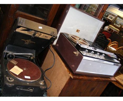 A Columbia 109 portable gramophone together with a HMV tape recorder