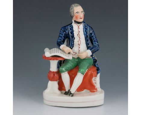 A Staffordshire figure of Captain Cook, circa 1845, modelled seated, his right arm leaning on a table with a manuscript, poly