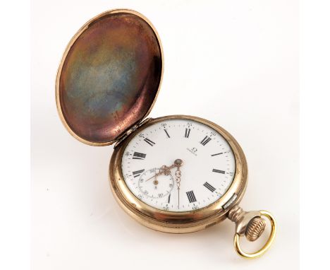 An Omega gold plated pocket watch, white enamel dial with Roman chapter ring, gold filigree hands and subsidiary seconds dial