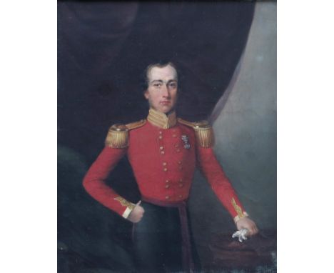 British School, mid 19th Century, portrait of a Military Officer, half-length standing wearing red tunic with a double row of