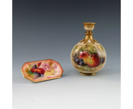 Ricketts for Royal Worcester, a fruit painted vase, 1923, spherical onion form with relief moulded arcading to the shoulder, 