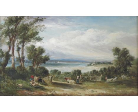 Alfred H. Vickers (British, 1853-1907), a coastal scene with a shepherd and shepherdess with their flock and other cattle in 