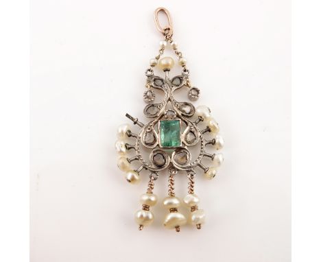 An Anglo Indian diamond, emerald and pearl pendant, 19th century, set in gold and silver, the central green stone within Pers