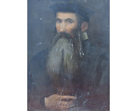 Follower of Willem Key, mid 16th Century, portrait of a bearded cleric, bust length, wearing a black cap and holding a glove,