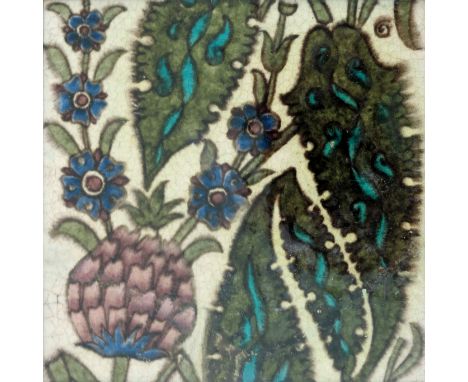 William De Morgan for Merton Abbey, a three Persian tile panel, circa 1880, Manchester variation, framed, impressed marks ver