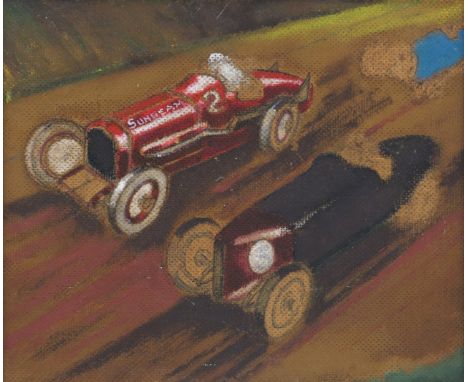 Roy Nockolds (British, 1911-1979), two vintage racing cars on a track, including a red Sunbeam Tiger, (unfinished), signed ve