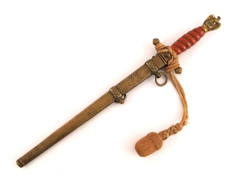 World War Two German Navy Officer's dress dagger, housed in hammered scabbard with two hanging strap rings, cross guard with 