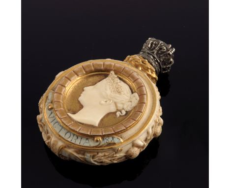 A Royal Worcester commemorative silver mounted scent bottle, Golden Jubilee 1887, circular flask form, modelled in high relie