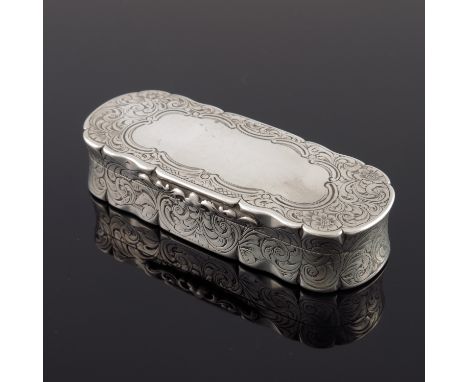 A Victorian silver snuff box, Edward smith, Birmingham 1857, ogee pellet form, chased and engraved with foliate scroll and fl