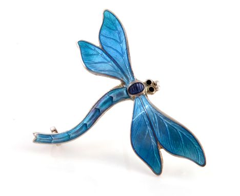 An Arts and Crafts silver and enamelled dragonfly brooch, John Atkins and Sons, model 1099, blue purple variegated basse tail