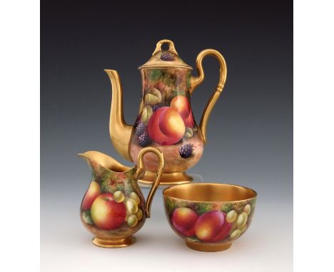 Townsend and Moseley for Royal Worcester, a fruit painted coffee set, 1938, the baluster form coffee pot with peaches, blackb