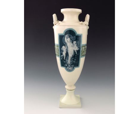 Alboin Birks for Minton, a pate sur pate vase, circa 1905, pedestal twin handled urn form, the central panel of Aphrodite wit