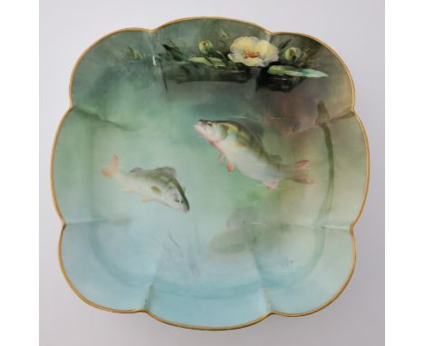 Harry Davis for Royal Worcester, a scalloped rim square dish, painted with freshwater fish, signed, printed marks and date cy