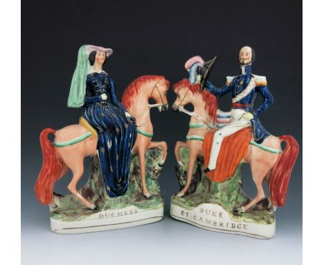 A pair of Staffordshire equestrian figures of the Duke and Duchess of Cambridge, circa 1860, modelled on horseback, the Duke 