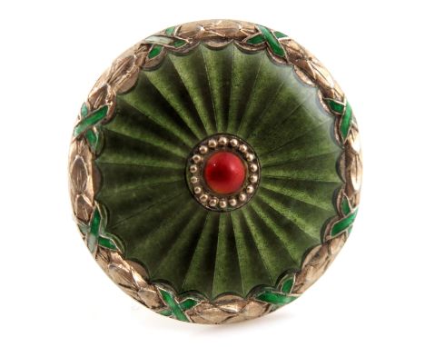 Marius Hammer, a Norwegian silver gilt and enamelled brooch, circular form with green radiating enamel around a central red c