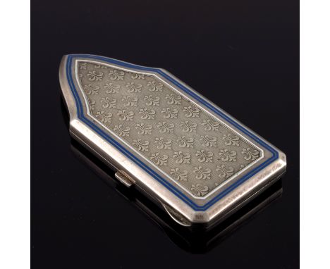 A George V silver and enamelled cigarette case, Cohen and Charles, London import 1924, ogee pointed arch form, engine turned 
