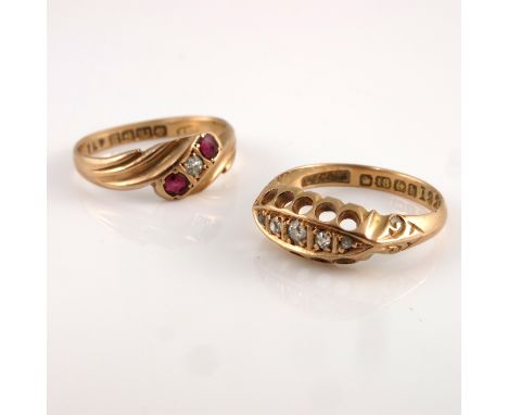 An 18ct yellow gold three stone diamond and ruby ring, together with an 18ct yellow gold five stone diamond ring, 5.1gms tota