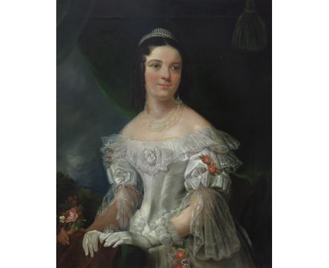 Mary Wigley (British, mid 19th Century), portrait of Miss Pryce, half length, wearing a pearl tiara, white silk dress and hol