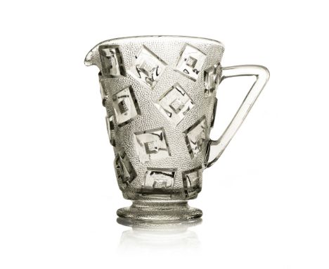 Libochovice, an Art Deco Sklo Union moulded glass jug, model 1449, circa 1930s-50s, modelled in relief with open square frame