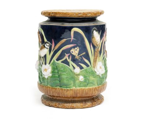 A George Jones majolica garden seat, late 19th Century, of cylindrical form with moulded with sparrows and insects amongst bu