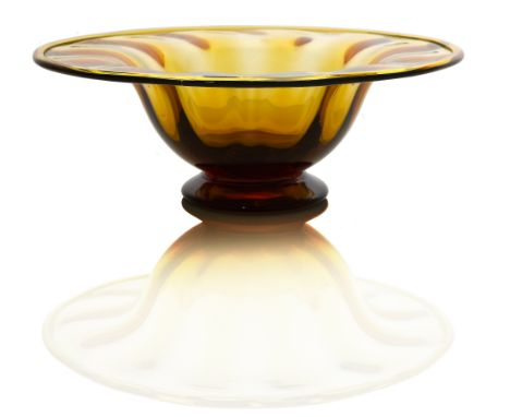 Frederick Carder for Steuben, a Bristol Yellow glass bowl, model 2851, circa 1920, optic ribbed with folded rim, 29cm diamete