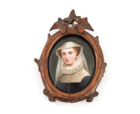 A late 19th Century Vienna style portrait plaque, Mary Queen of Scots, unmarked, 8.5cm high, framed