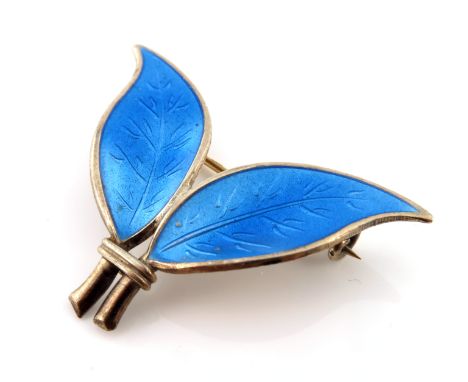 Willy Winnaess for David Andersen, a Norwegian silver gilt and enamelled two leaf brooch, blue basse taille enamel leaves, 4c