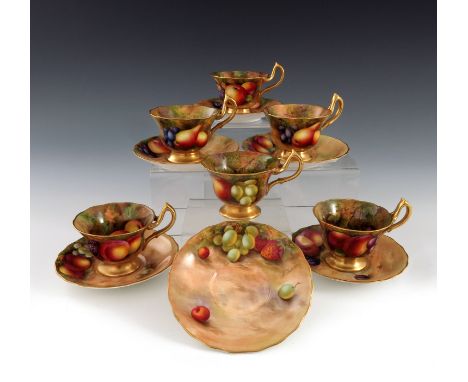 Townsend and Moseley for Royal Worcester, a set of six fruit painted coffee cups and saucers, circa 1938, the footed and flar