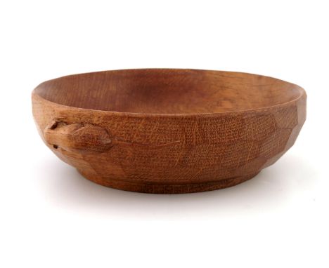 Robert 'Mouseman' Thompson of Kilburn, a carved oak bowl, shallow form with adzed exterior and relief modelled mouse, 16.5cm 