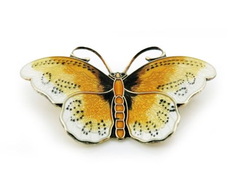 A Hroar Prydz enamelled silver butterfly brooch, with amber body and variegated amber and white guilloche enamel wings, stamp