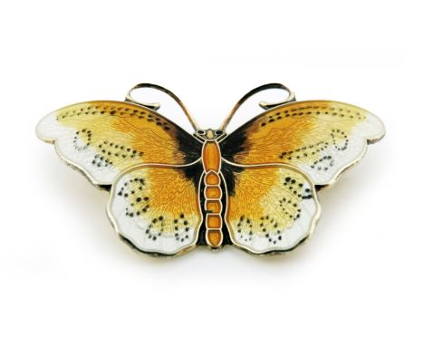 A Hroar Prydz enamelled silver butterfly brooch, with amber body and variegated amber and white guilloche enamel wings, stamp