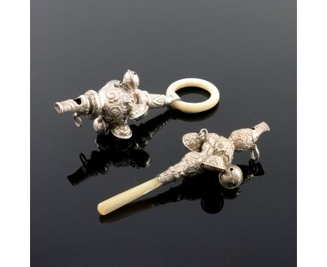 Two Victorian silver and mother of pearl baby's teething rattles, indistinct makers and dates,  baluster turned, embossed and