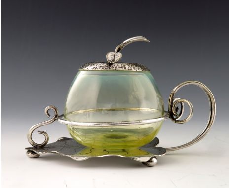 A Victorian novelty silver plate and straw opal glass preserve pot and stand, circa 1890, the ovoid bowl, probably James Powe