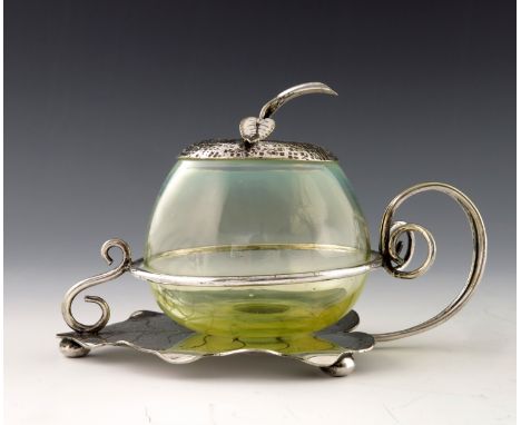 A Victorian novelty silver plate and straw opal glass preserve pot and stand, circa 1890, the ovoid bowl, probably James Powe