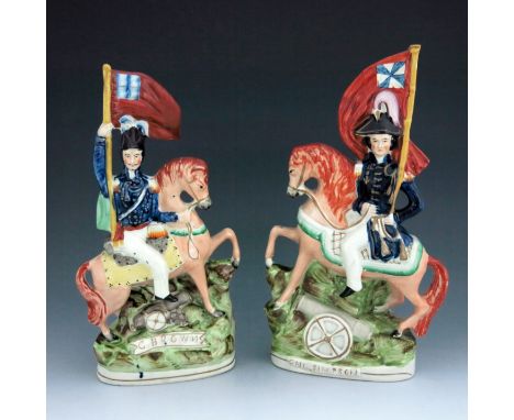 A pair of Staffordshire Crimean War figures of General Simpson and General Brown, circa 1855, modelled on horseback holding f