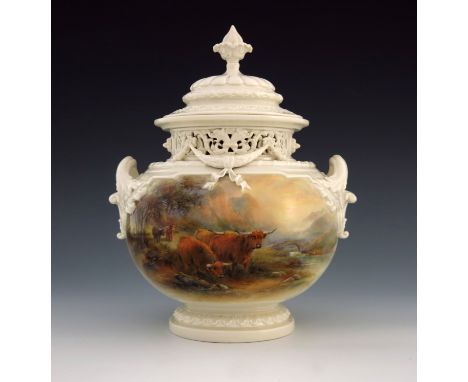 John Stinton for Royal Worcester, a twin handled vase and cover, reticulated rim, the frieze painted with a Highland landscap
