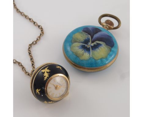 A Continental turquoise guilloche enamelled fob watch, the reverse decorated with a pansy,  2.5cm diameter, together with a '