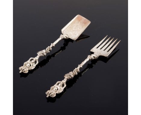 A pair of Victorian silver servers, Hilliard and Thomason, Birmingham 1890, including five pronged fork and shovel, cast foli