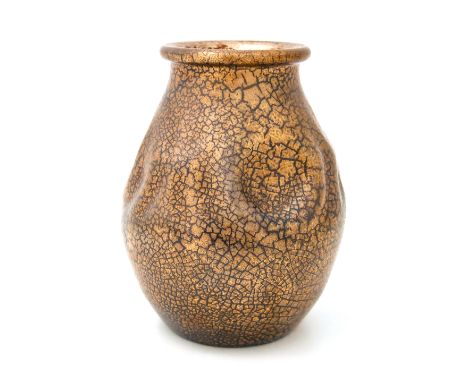 Edmund Harry Elton for Sunflower Pottery, an Elton Ware lustre vase, iridescent gilt crackle, dimpled ovoid form, painted mar