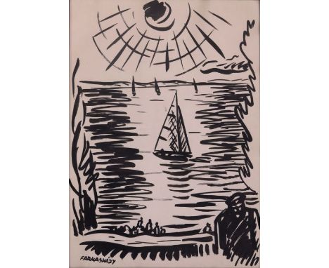 Miklos Farkashazy (Hungarian, 1895-1964), a sunlit seascape with sailing boats, signed l.l., black ink on paper, 42 by 30cm, 
