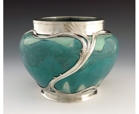 Orivit, a Jugendstil pewter mounted ceramic jardiniere, circa 1900, shouldered form, turquoise souffle glaze, within a cage o