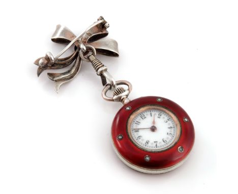 An Austrian silver gilt and enamelled fob watch brooch, FWH, circa 1900, red bezel and back with split pearl studs and a dove