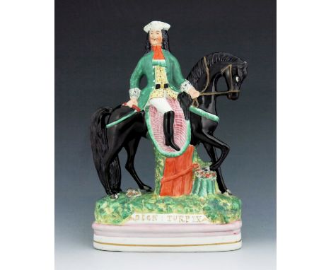 A Staffordshire figure of 'Dick Turpin', circa 1850, modelled on horseback, wearing a green coat and patterned yellow underco