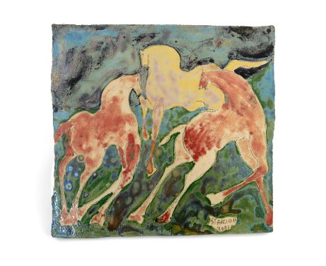 Paolo Staccioli (Italian, 1943), a ceramic tile with three stylized horses, iridescent lustre glaze, signed and dated 2001 l.