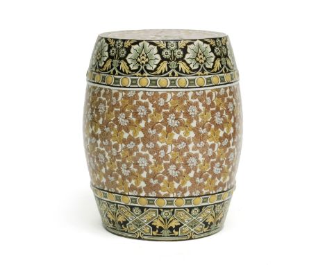 A ceramic garden seat, late 19th Century, of barrel form, transfer printed design throughout in the Aesthetic manner of styli