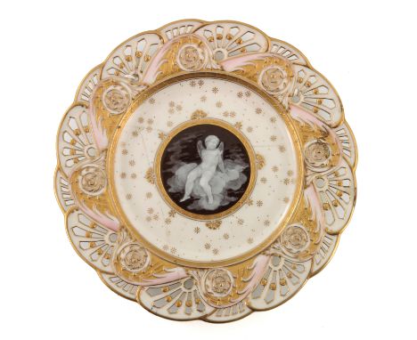 Alboin Birks for Minton, a pate sur pate plate, the central circular plaque depicting a putto wounded by cupid's arrow, resti